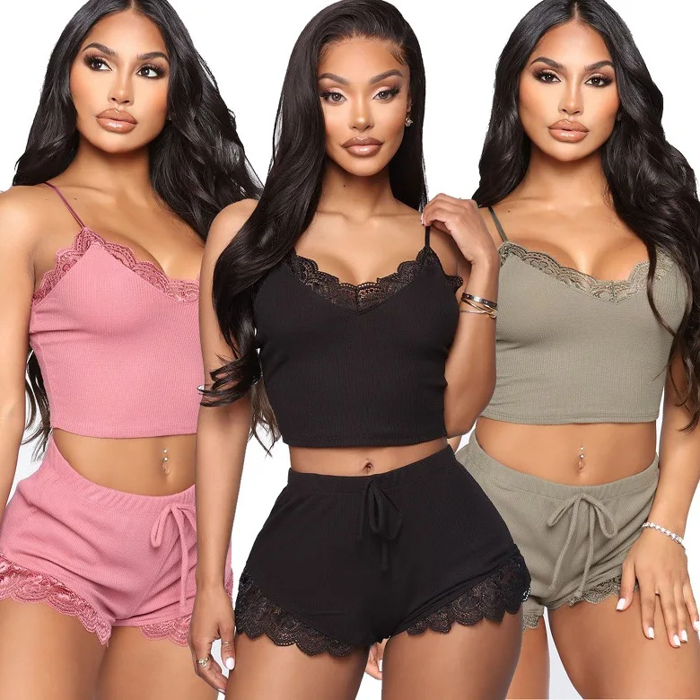 

8 colors sexy 2 piece crop short pajamas sling knitted plus size lingerie women with lace trim