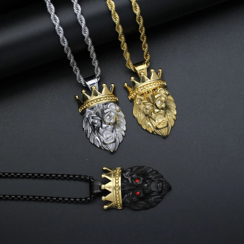 

Blues RTS crown lion head necklace stainless steel crystal rhinestone lion pendant for hip hop men jewelry