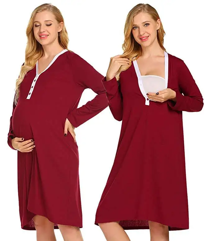 

Spring And Autumn Hot Style V-neck Color-blocking Long-sleeved Breastfeeding Dress New Fashion Solid Color Maternity Casual Wear, Picture