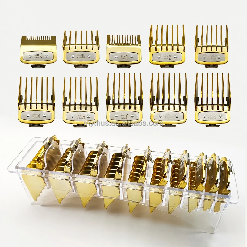 

New Technology 10sizes/set Electroplating Gold Metal Hook Clipper Guards Barberio Hair Limit Comb Cutting Guide Comb Guards
