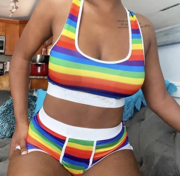 

2021 new design women sexy set crop top and shorts sets rainbow striped print two piece short set women, As picture or customized make