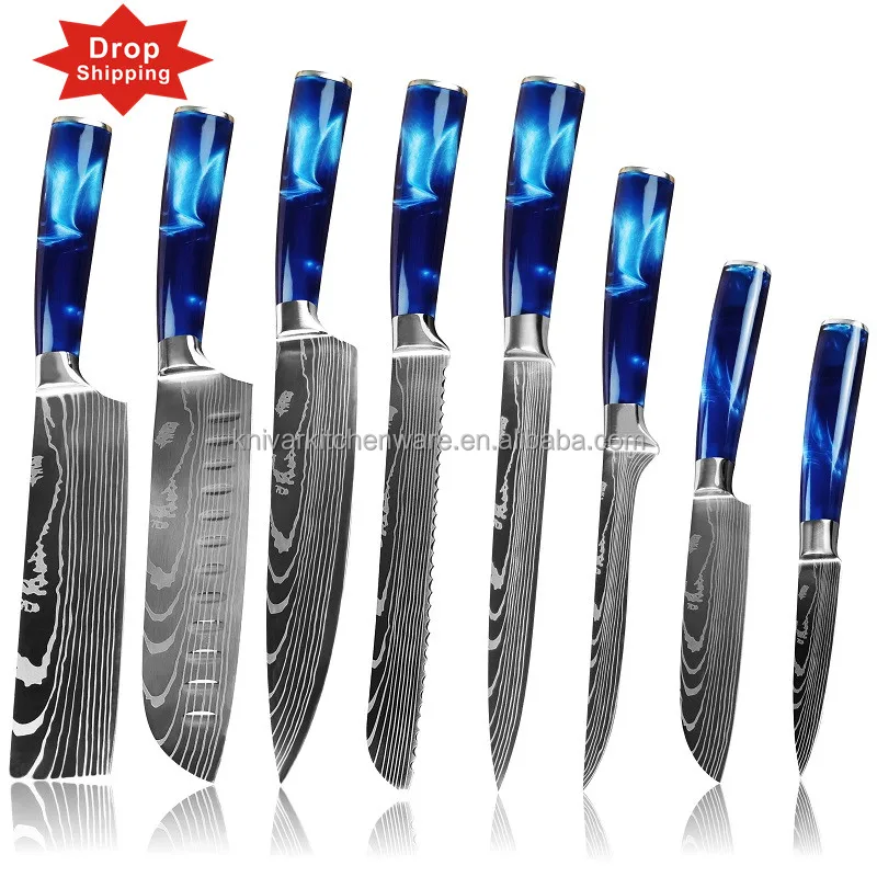 

Fangle 5 6 7 8 pcs all purpose stainless steel blue color handle chicken cutting skinning sushi clever kitchen knives set