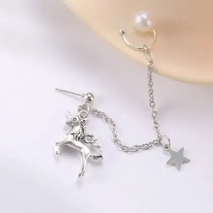 

1PC Cute Unicorn Star Pearls Tassel Piercing Stud Earrings Ear Clip Women Personality Color Chain Long Earrings Jewelry