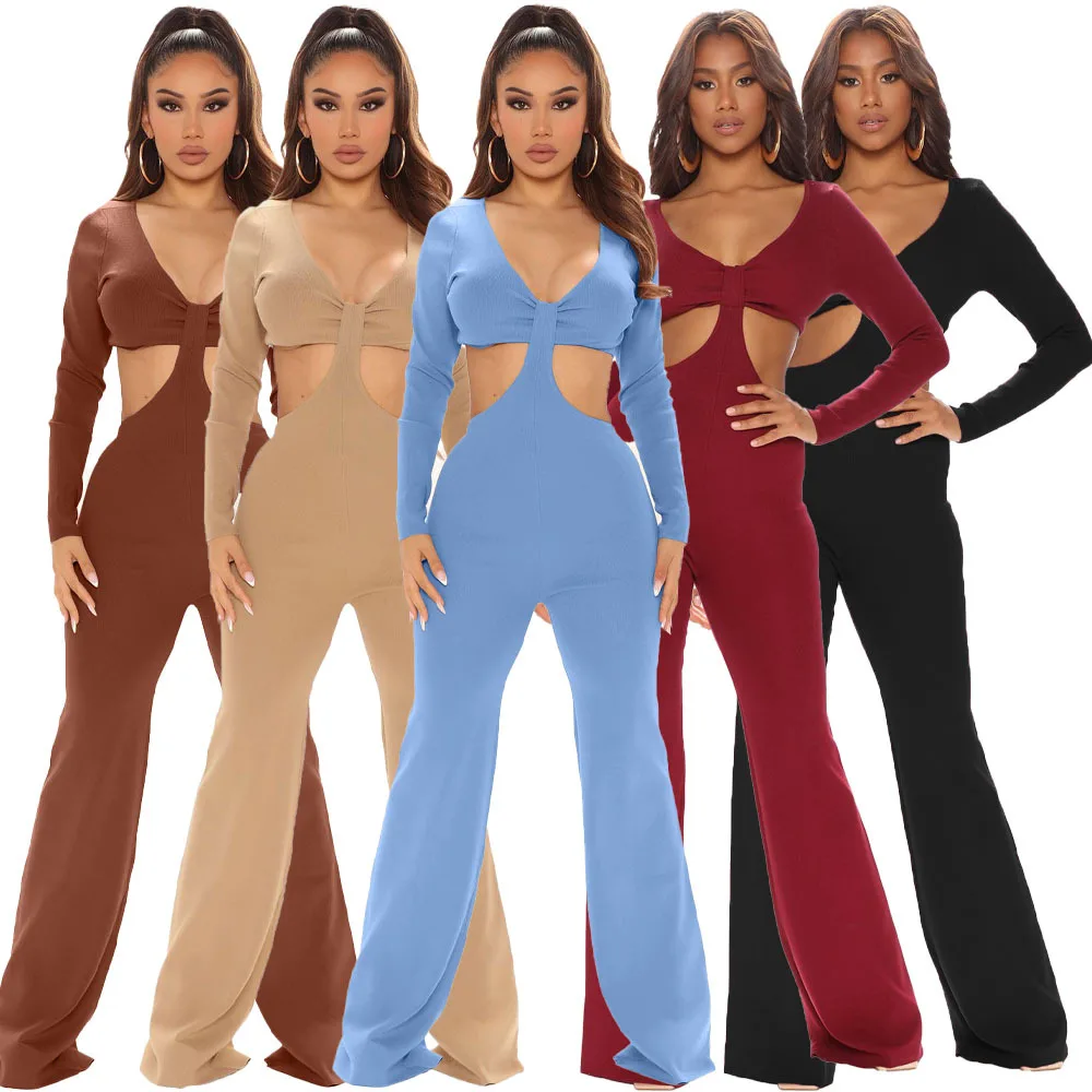 

Streetwear Fall Jumpsuit Long Sleeve V-neck Sexy Cut-out One Piece Jumpsuit With Long Pants, Khaki, black, blue, burgundy, coffee