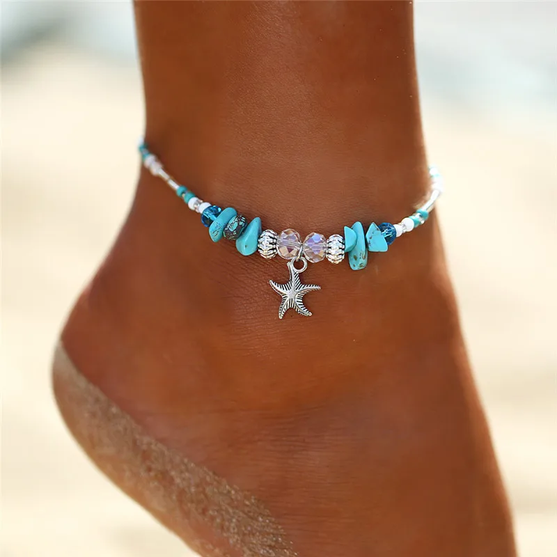 

Starfish Pendant Anklets 2019 For Women New Stone Beads Shell Anklet Bohemian Bracelets On Leg BOHO Ocean Jewelry