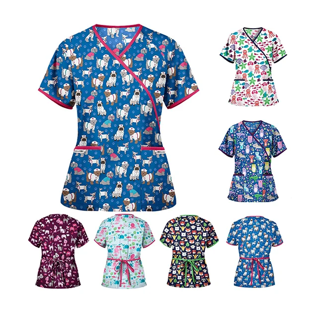 

wholesale flower design short sleeve uniform medicos nurse medical floral printing scrubs top uniform