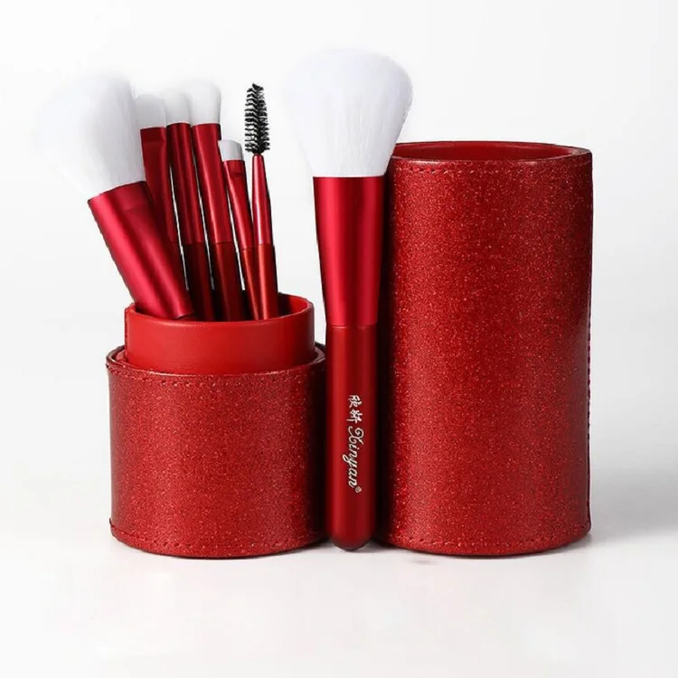 

Banfi 7pcs wooden high quality professional eye shadow in cylinder PU case colorful red makeup brushes for daily makeup use