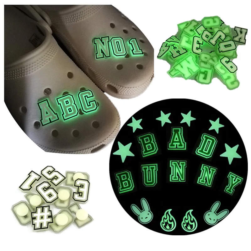 

letters glowing pvc rubber shoe lace charms clog shoes decoration custom buuny fluorescence jibitz for croc charms Via DHL