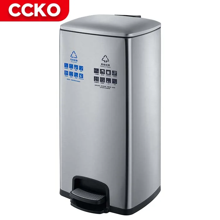 

40L Lobby Hotel Kitchen Trash Can 30 Liters Rectangular Garbage Bin Garbage Can Stainless Steel Pedal Bins With 2 Waste Bins