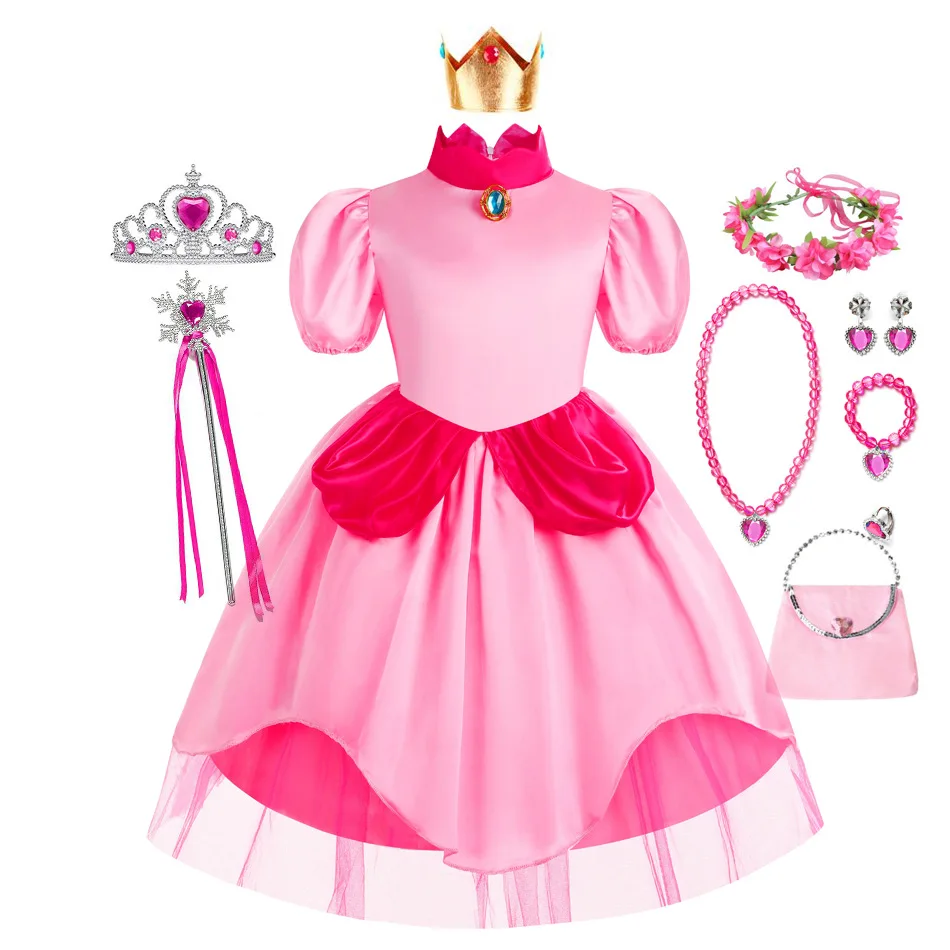 

Peach Princess Cosplay Dress Girl Game Role Playing Costume Birthday Party Stage Performance Outfits Kids Carnival Fancy Clothe