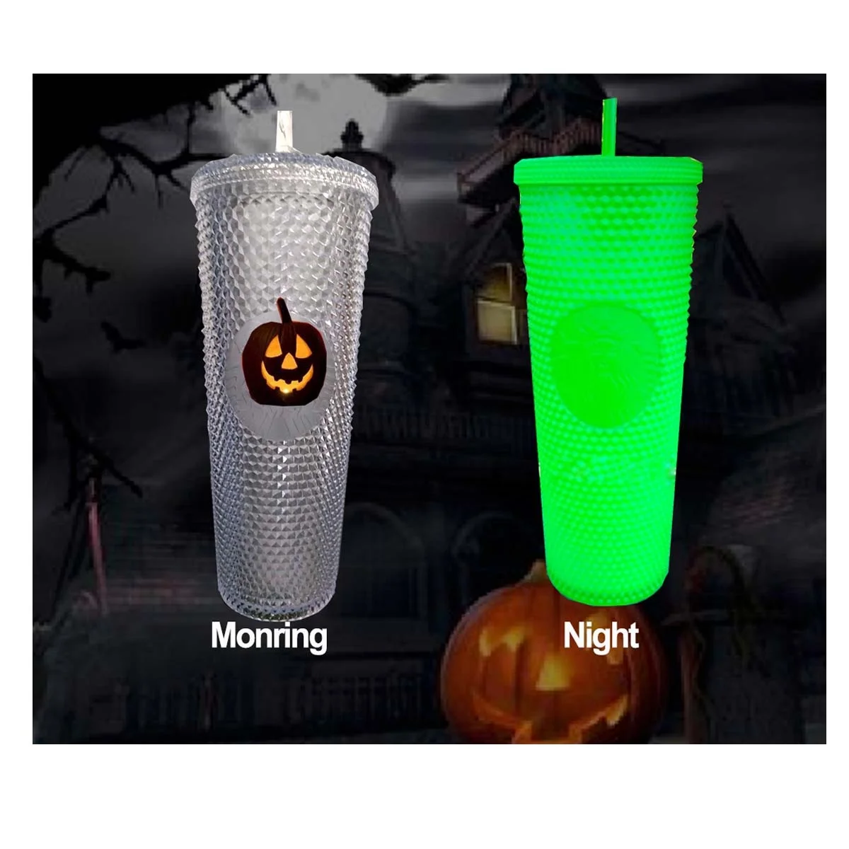 

2021 New Item Halloween Christmas holiday 24oz Bling glow in the dark studded matte tumbler wtih straw and lid, Pink blue, black, white purple and so o