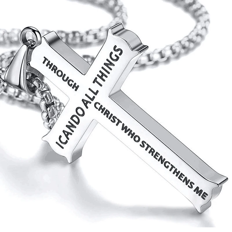 

Father's Day Gift Bible Verse Philippians 4:13 Cross Pendant Necklace Stainless Steel for Men