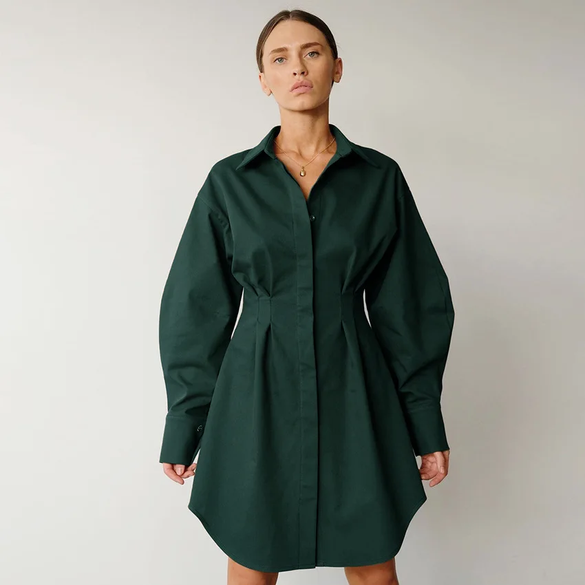 Popular Design Pleated Bodycon Elegant Turn Down Collar Shirt Dresses Mini Dinner Dress for Women