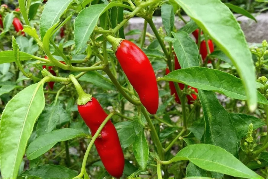 Red Fresno chili plants growing in a garden with vibrant red peppers visible among green foliage