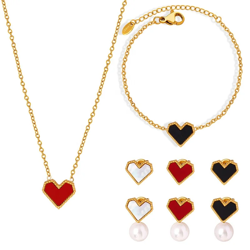 

Luxury Stainless Steel Peach Women Jewelry Set Love Acrylic Natural Shell Heart Pendant Necklace Earrings Set For Valentine Day