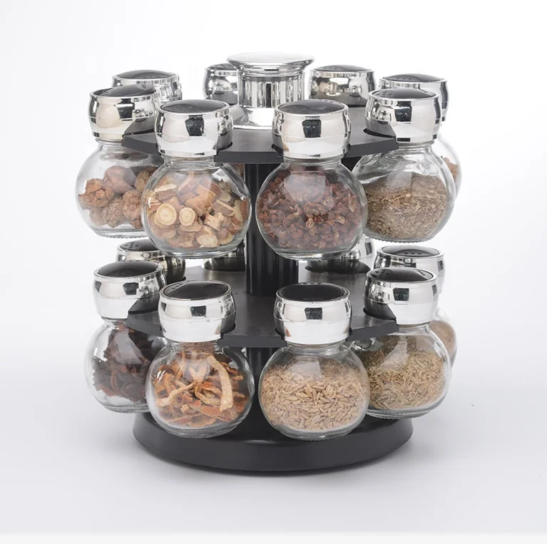 

Wholesale hot sale Glassware Revolving Countertop Carousel Herb and Spice Rack with 3.5 Oz Glass Jars set, Clear