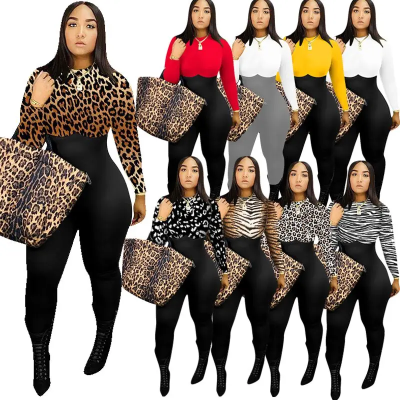 

New Arrival Leopard Print Women Long Sleeve Patchwork Print Zipper On Back One Piece Autumn Women Jumpsuit