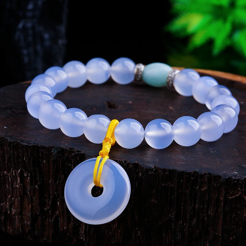 

Good Lucky Charm Feng Shui Blue agate Wealth Chalcedony Bracelets Jewelry men women Bracelet Vintage Bracelets with peace buckle, Natural blue