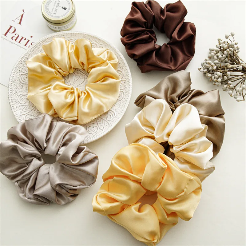 

Ins Hot Selling Satin Fabric Jumbo Hair Ties Pure Color Large Elastic Scrunchies Hair Accessories For Women