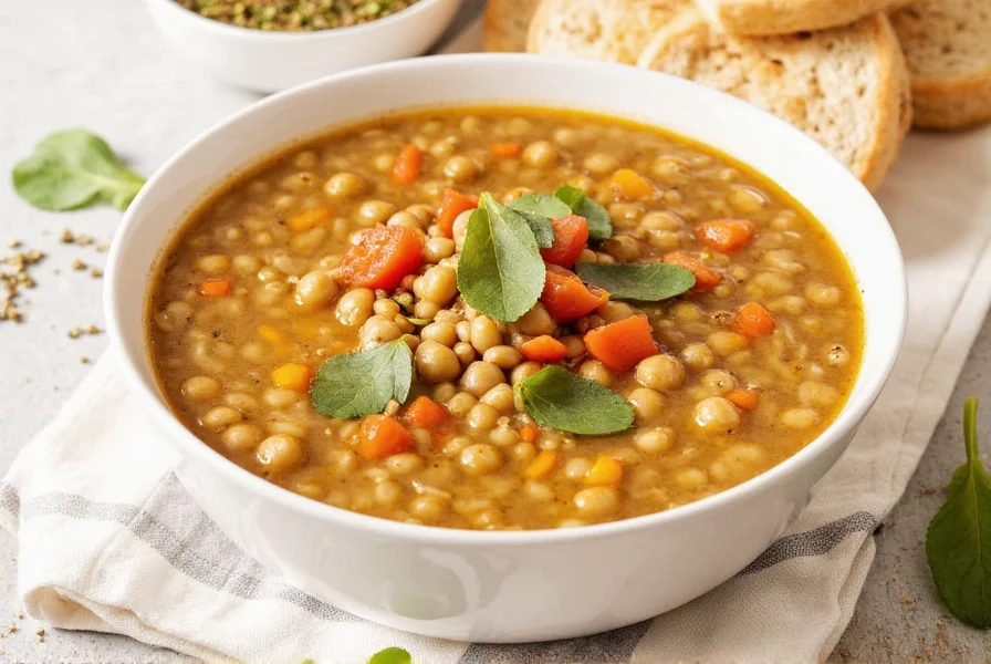 Split pea soup served with garlic bread and a drizzle of olive oil