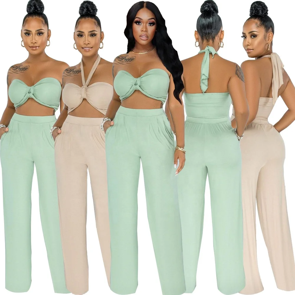 

MT20-5216 Wholesale customized women's sexy two-piece wrap-up top wide leg pants ladies two-piece suit women clothing sets