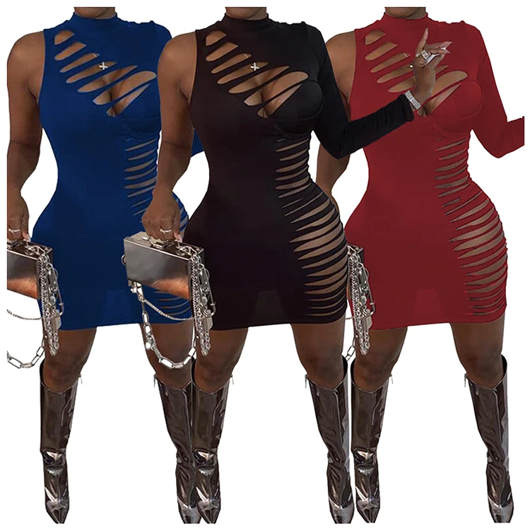 

Hot Sale Asymmetric Burnt Out Slit Dresses Women Club Sexy Bandage Dresses Ladies Fashion Casual Bodycon Dresses Women