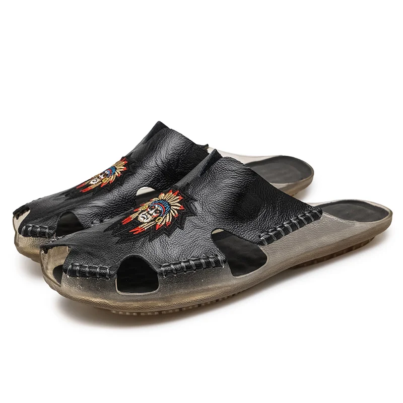 Leather Slippers Summer Closed Toe Beach Breathable Sandal Oxford Sole Casual Comfortable Sandals Men