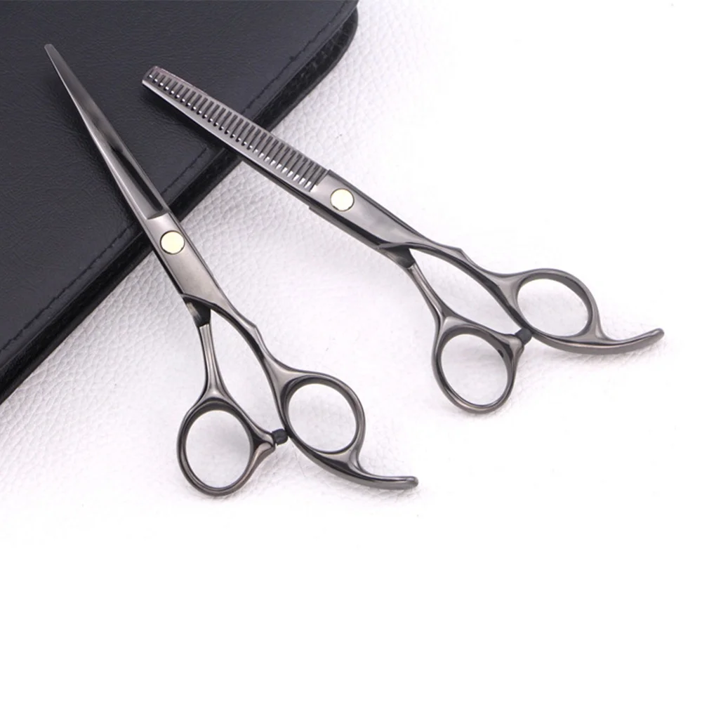 

professional stainless steel hair cutting thinning scissors set and black haircut barber scissors 6.0