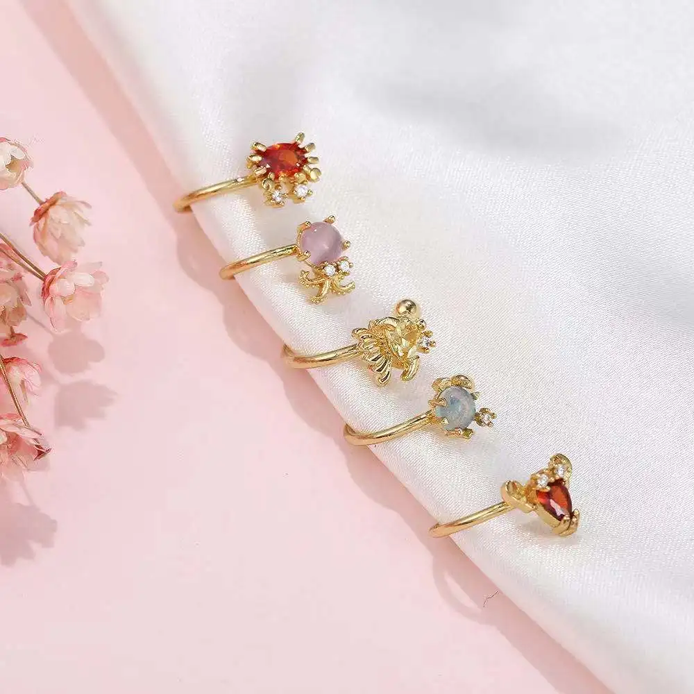 

New Hot-selling Cute Marine Animal Ear Clip 18K Gold Marine Life Ear Bone Clip Super Flash Zircon Crystal Earrings, As a picture