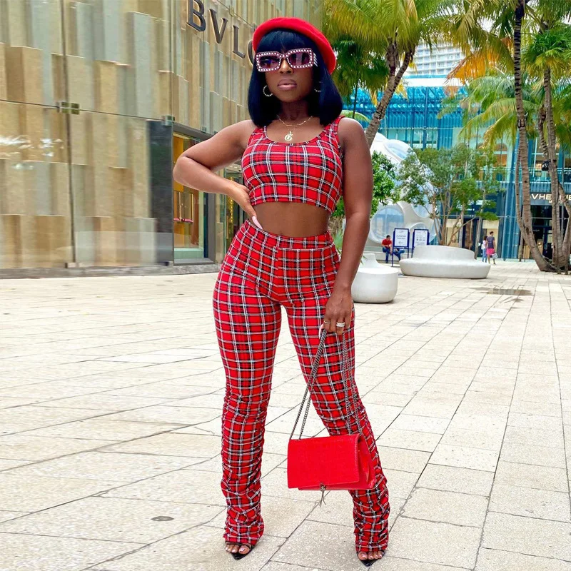 

Dvacaman Latest 2021 Trendy Summer Sexy Casual Women Crop Top Halter Vest and Stacked Pant 2 Piece Plaid Set, Red