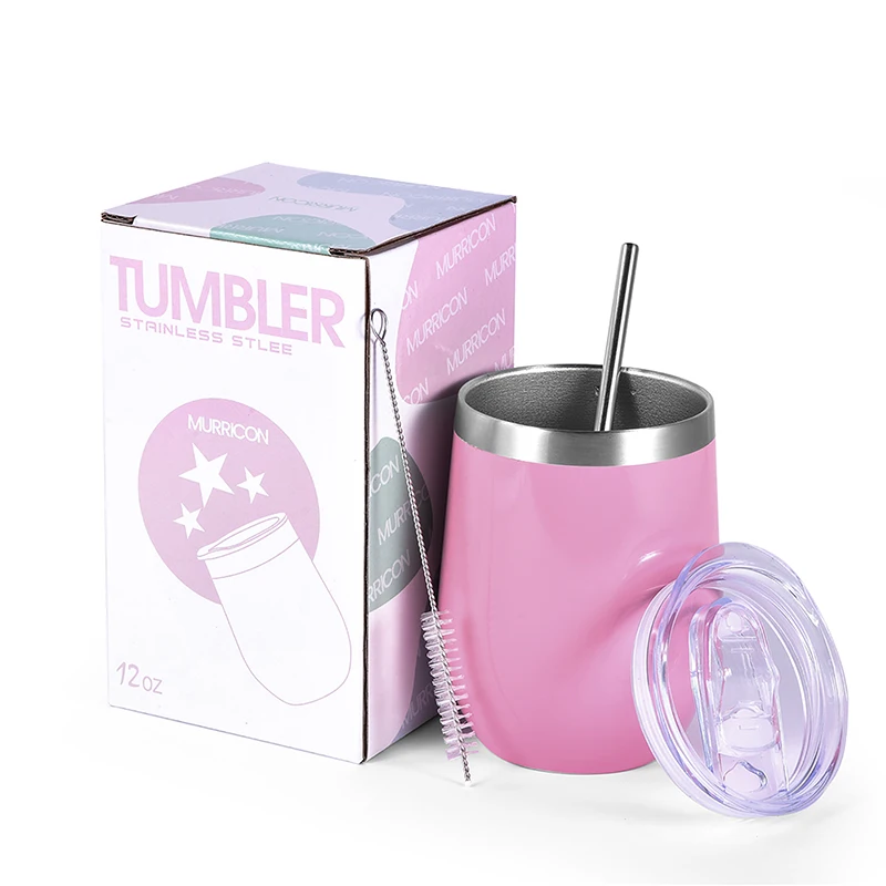 

Custom Personalized Logo 12 Oz Double Wall Insulated Stainless Steel Wine Tumbler with Straw, White pink blue or customized colors