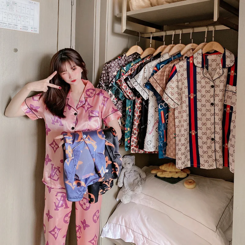 

2021 Summer Luxury Sleepwear Piyama Wanita Pillama De Mujer Pijamas De Seda Designer Pyjama Women Silk Pajama Set Silky For Lady