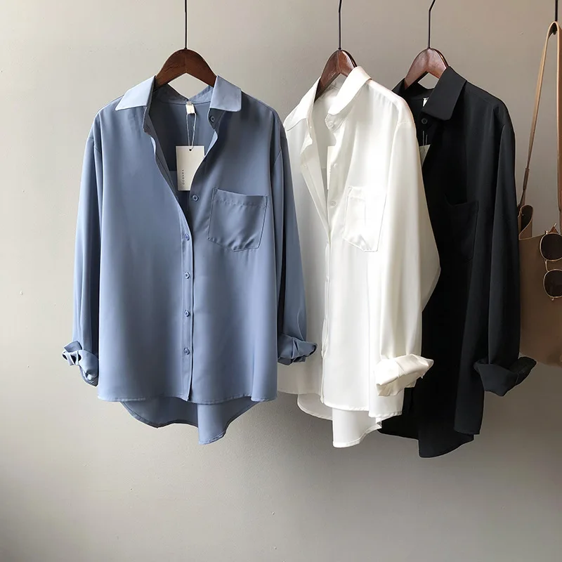 

2021 Spring Women Clothing Fashion Long Sleeve Pocket Collar Silky shirts for women korean Loose Elegant casual Top Blouses