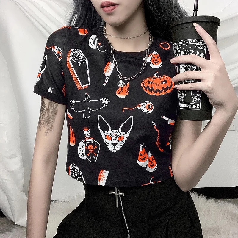 

Fashion High Quality Street Wear Short Sleeve T Shirt O Neck Halloween Pumpkin Crop Top Black For Women Ladies