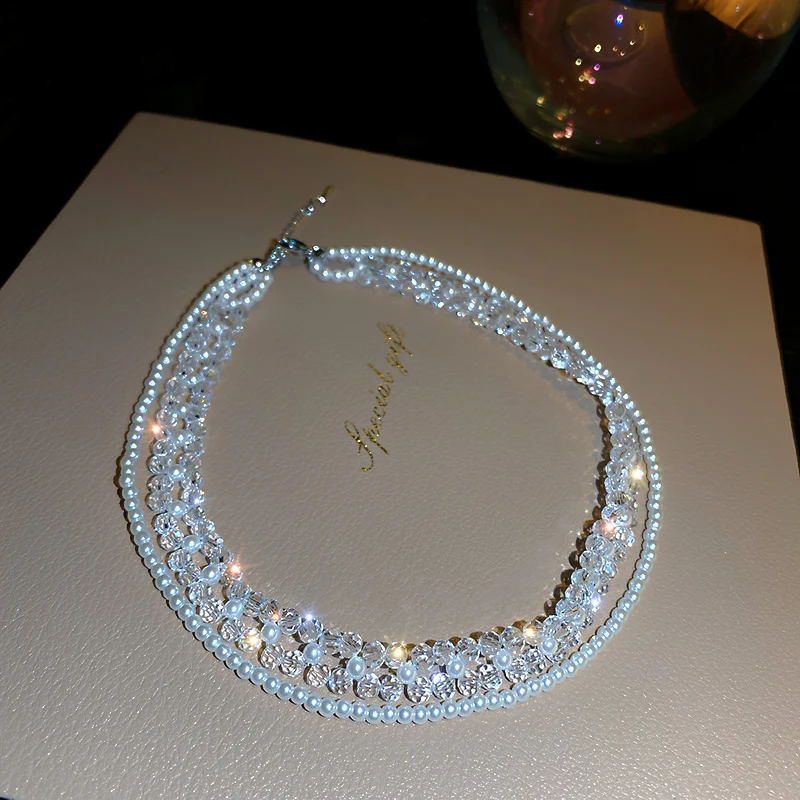 

fashion trendy crystal two layered long pearl necklace