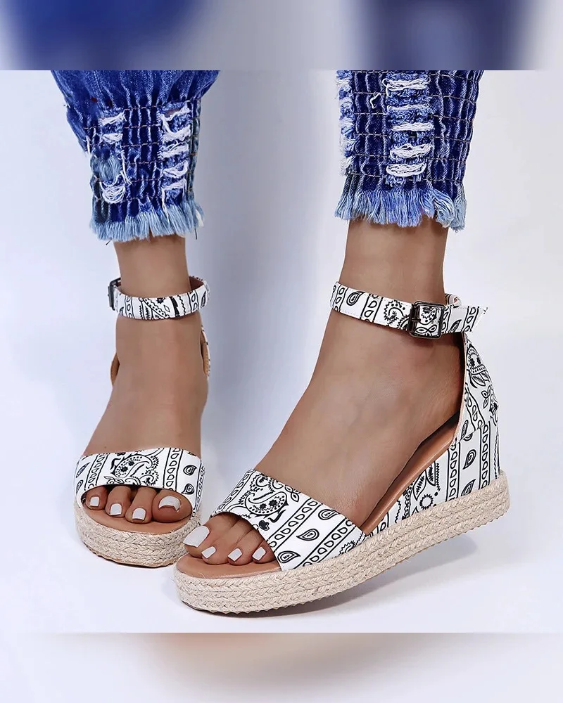 

2022 New Arrival Party Beach Women Wedge Sandals 2022 High-Heeled One Word Buckle Ankle Wrap Wedge Heel Platform Sandals