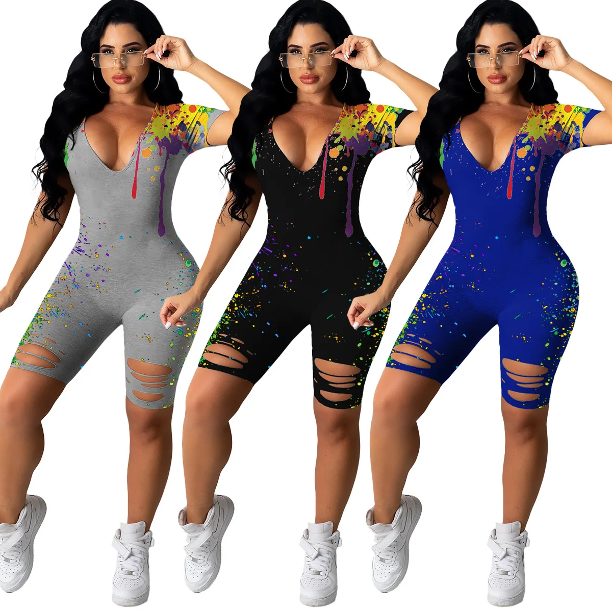 

Rombers for women 2021 new arrival summer print short sleeve sexy deep v neck onepiece jumping suit, 3 colors, also can make as your request