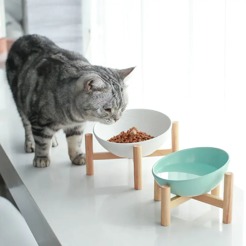 

Wholesale Custom Colorful Elevated Ceramic Cat Feeder Bowls for Dogs and Cats with Bamboo Shelf