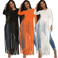 

New Arrivals Spring Fashion Women Casual O-Neck Long Sleeve Solid Tassel T-shirt Dress