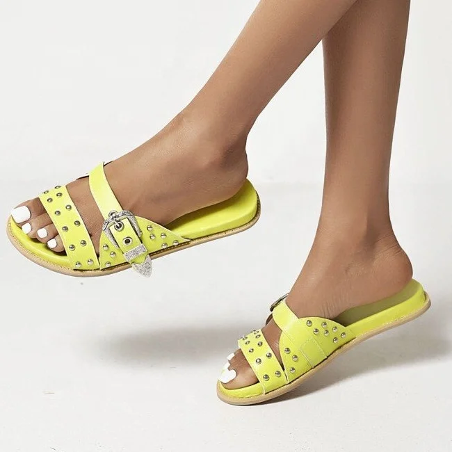 

New Arrivals Big Size 43 Round Toe Women Slides Shoes Fashion Silver Refill Metal Decorate With Button Female Slippers, Black white pink yellow