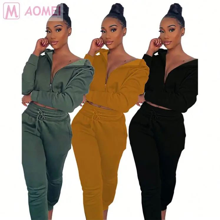 L6054 2019 casual solid thick hooded hoodie sport suit Fashion Outfits Woman Two Piece Pants Suit Set