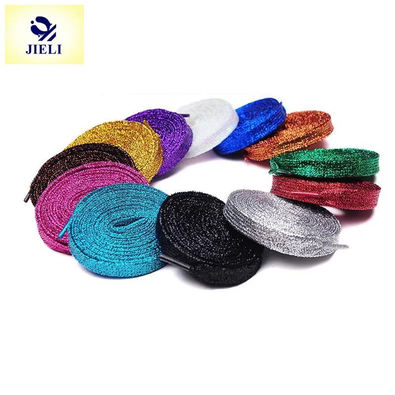 

Jieli colorful metallic glitter gold/silver flat tubular shoe laces for sale, Single color