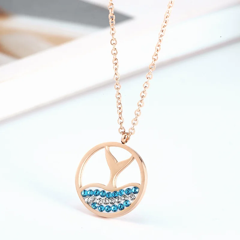 

Stainless Steel Rose Gold Dolphin Tail Colorful Stones Pendant Necklace