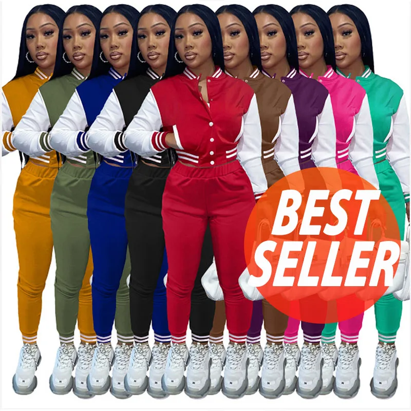 

2021 New Arrivals tracksuit Solid Color Casual Sport baseball Jogger Fall Autumn long Pants suit Woman Two 2 Piece Set Clothing