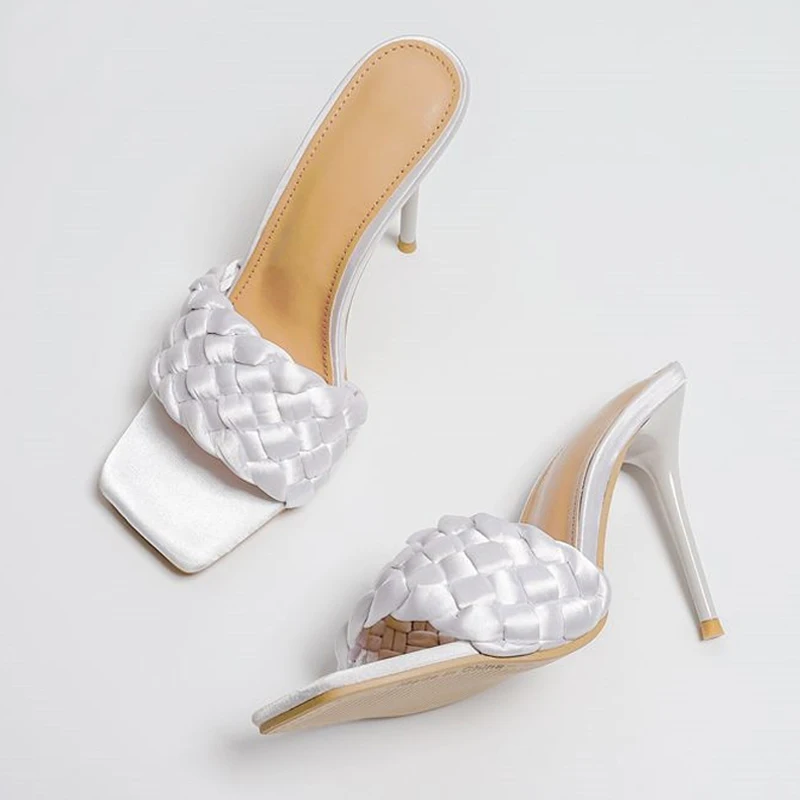 

2022 New Fashion Satin Weave Woman Slippers Elegant Square Toe Stiletto Heels Sandals Slip On Shoes For Women's Slides