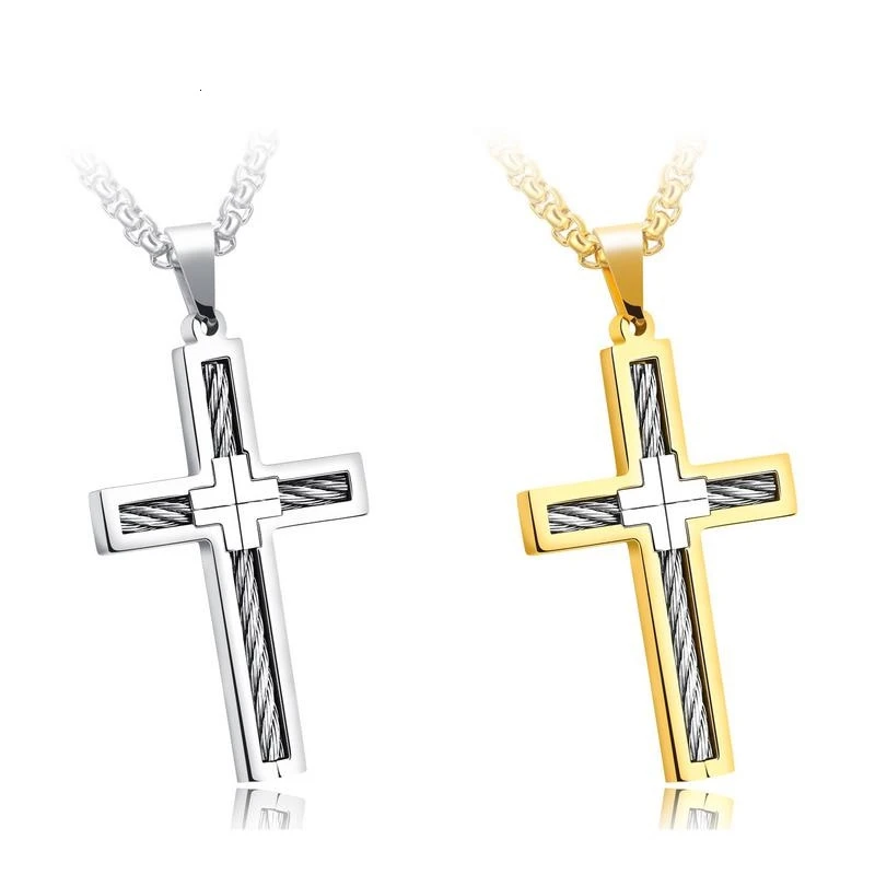 

2020 Stainless Steel Man's Wire Cross Pendant Necklace Silver Golde Plated Charm Chain Jewelry