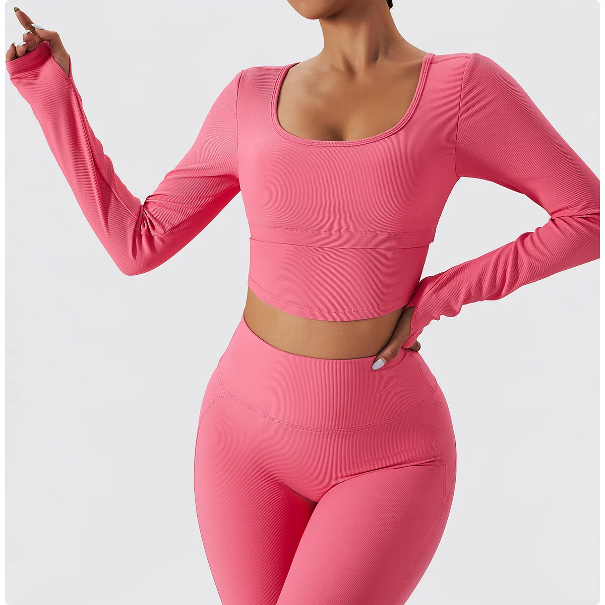 YIYI Deep U Neck 2 Layers With Pad Workout Tops Ribbed Fabrics Gym Tops Women Clothing Sport Top Long Sleeve Gym Yoga Wear