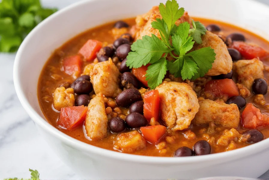 Healthy chicken chili in white bowl with fresh cilantro garnish, lean chicken breast chunks visible with black beans and diced tomatoes