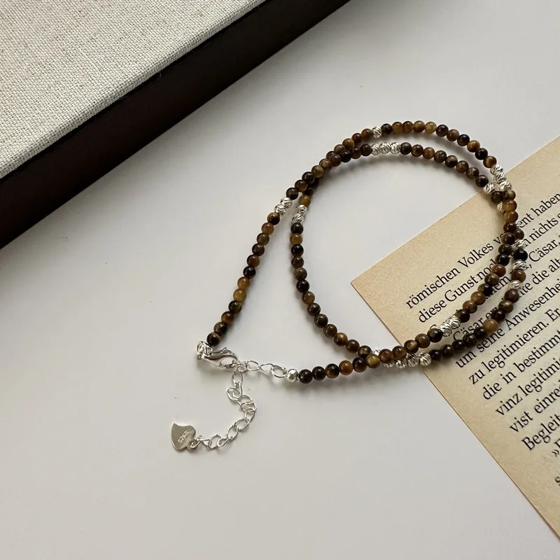 100% Real 925 Sterling Silver Handmade Tiger Eye Silver Beads Beaded Necklaces Women Fine Jewelry