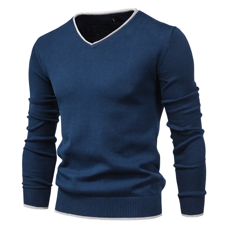 

Men Autumn New Sweater V-neck Pullovers Fashion 100% Cotton Solid Color Long Sleeve Slim Sweaters Men Navy Knitwear